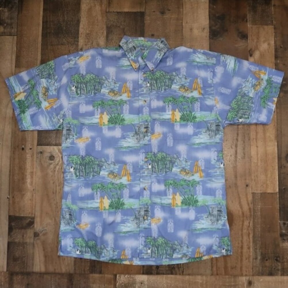 Big Dogs Mens Medium Blue Hawaiian Button Up Shirt Palm Tree Tiki Big Dawg 90s